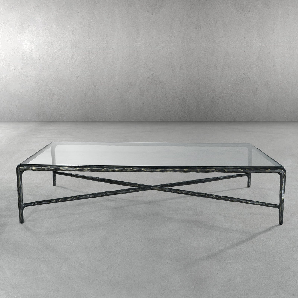 Thaddeus Hand-Forged Glass Coffee Table Square Metal for Living Room