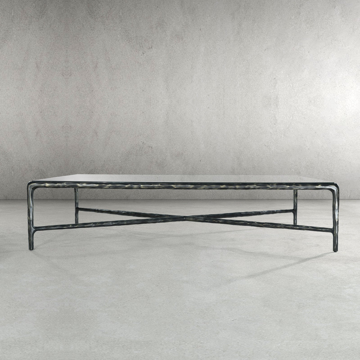 Thaddeus Hand-Forged Glass Coffee Table Square Metal for Living Room