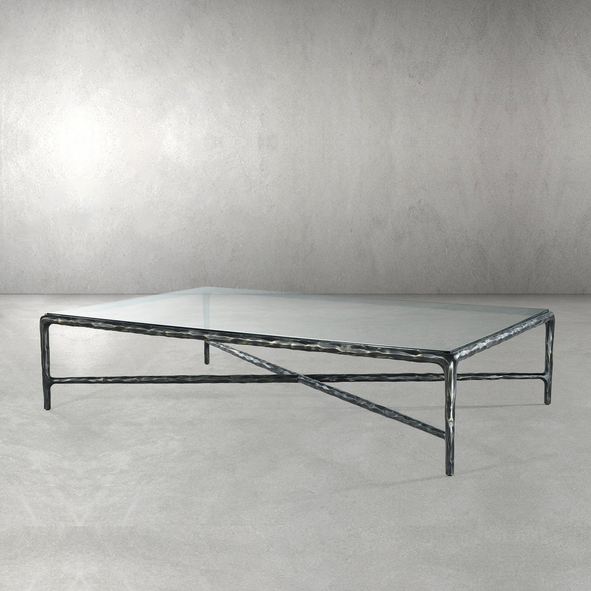 Thaddeus Hand-Forged Glass Coffee Table Square Metal for Living Room