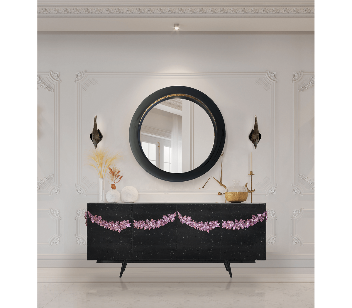 Luxury Black Sideboard Buffet Cabinet with Floral Carved Details & Storage