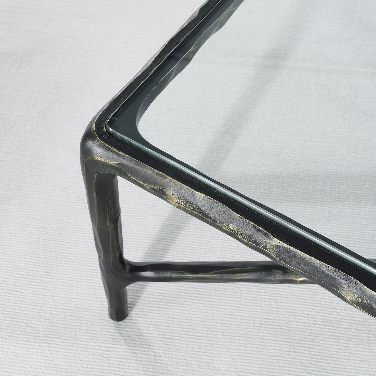 Thaddeus Hand-Forged Glass Coffee Table Square Metal for Living Room