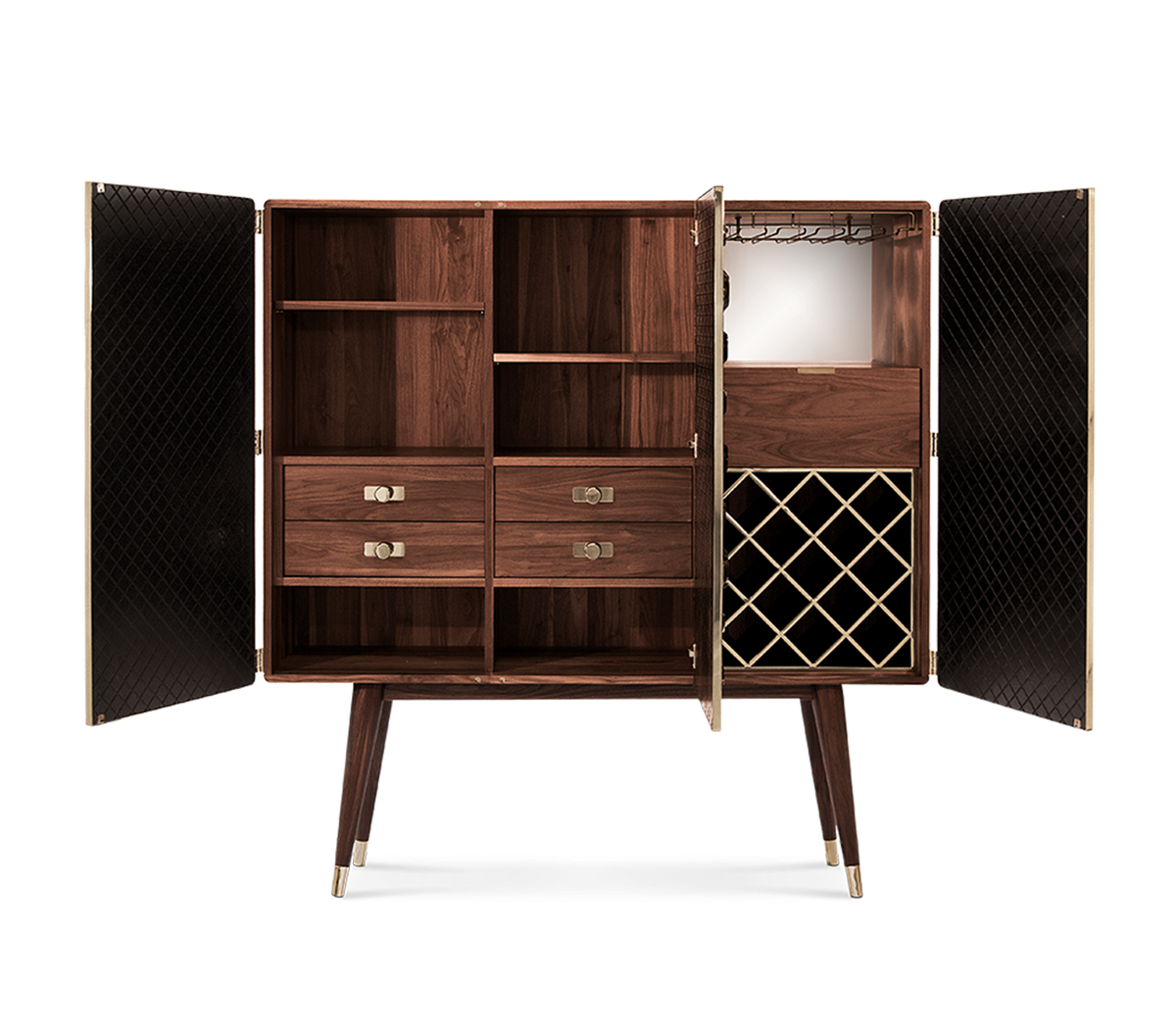 Luxury Walnut Bar Cabinet with Brass Accents & Hidden Storage