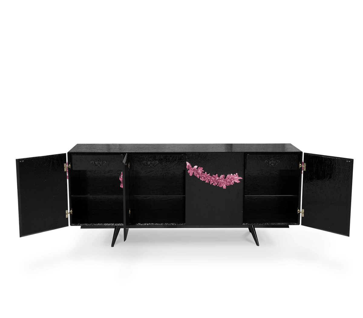 Luxury Black Sideboard Buffet Cabinet with Floral Carved Details & Storage