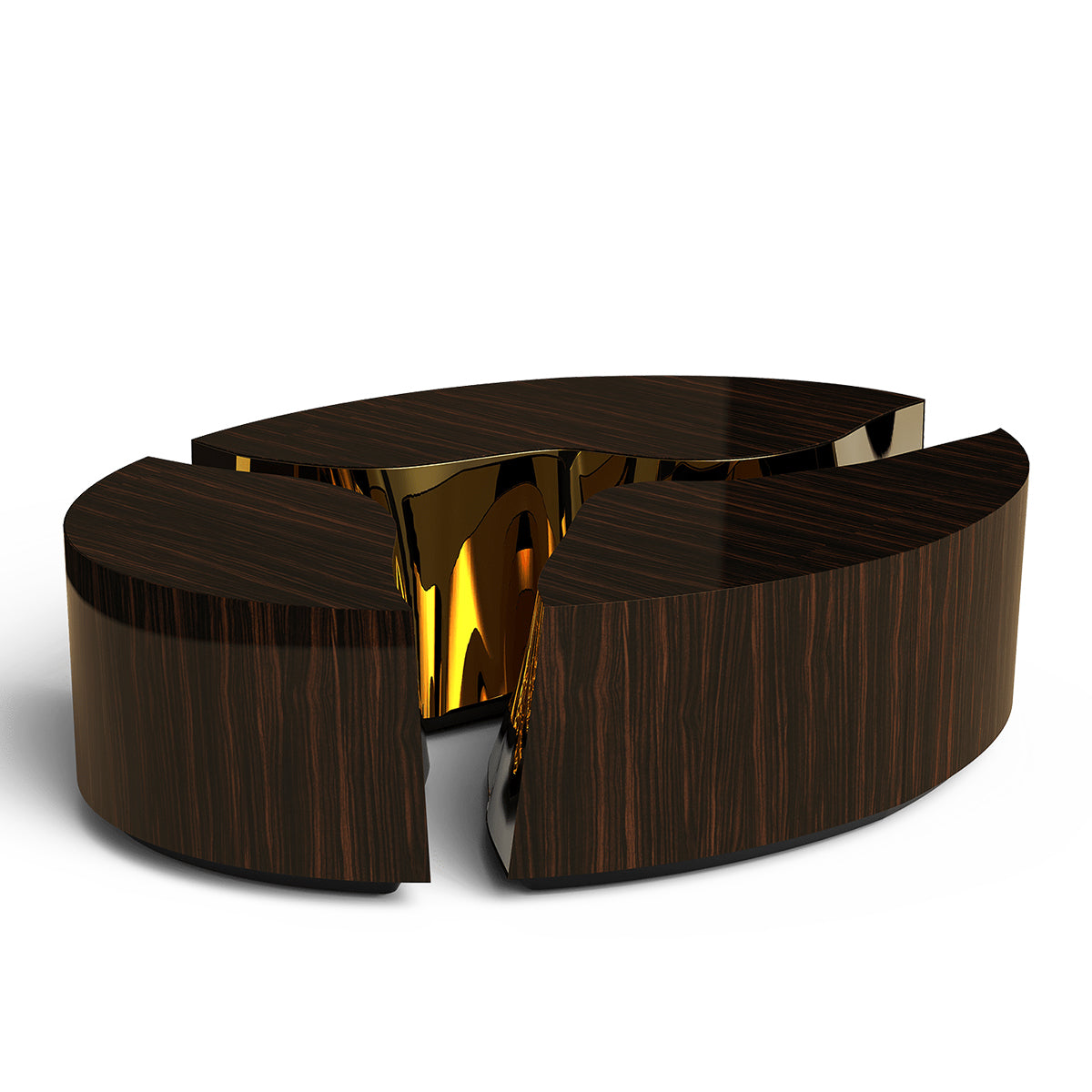 Luxury Oval Coffee Table with Sculptural Brass Accents & High Gloss Finish Center Tea Table