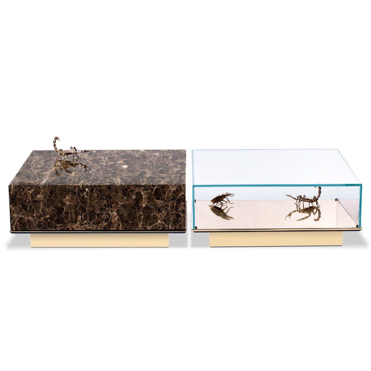 Luxury Coffee Table Set with Marble, Glass & Sculptural Gold Brass Design Center Tea Table