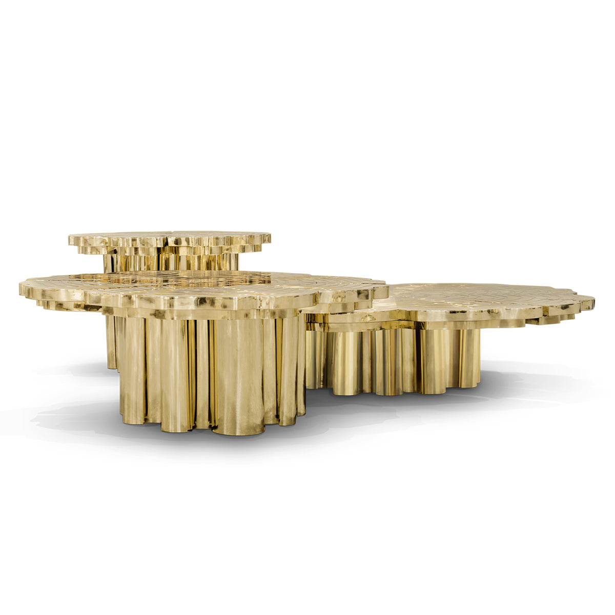 Luxury Patina Brass Coffee Table Set with Round Tiered Tops & Statement Design Center Tea Table