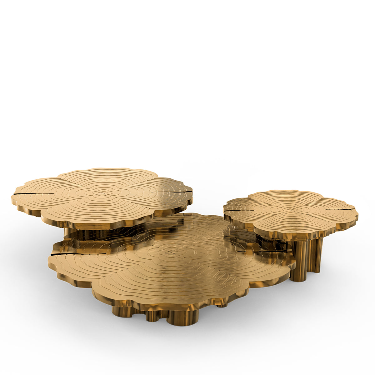 Luxury Patina Brass Coffee Table Set with Round Tiered Tops & Statement Design Center Tea Table