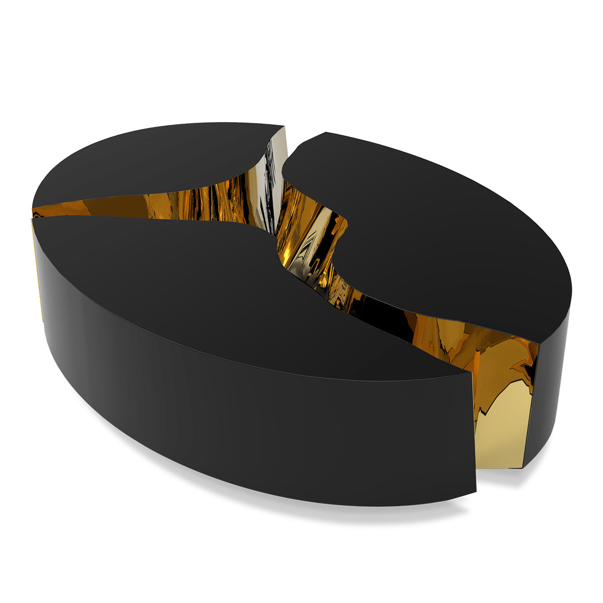 Luxury Oval Coffee Table with Sculptural Brass Accents & High Gloss Finish Center Tea Table