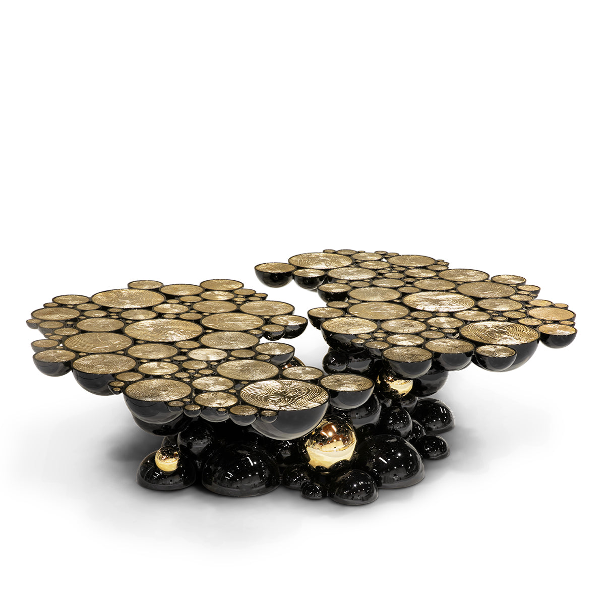 Luxury Sculptural Coffee Table with Gold Sphere Base & Black Glass Top Center Tea Table