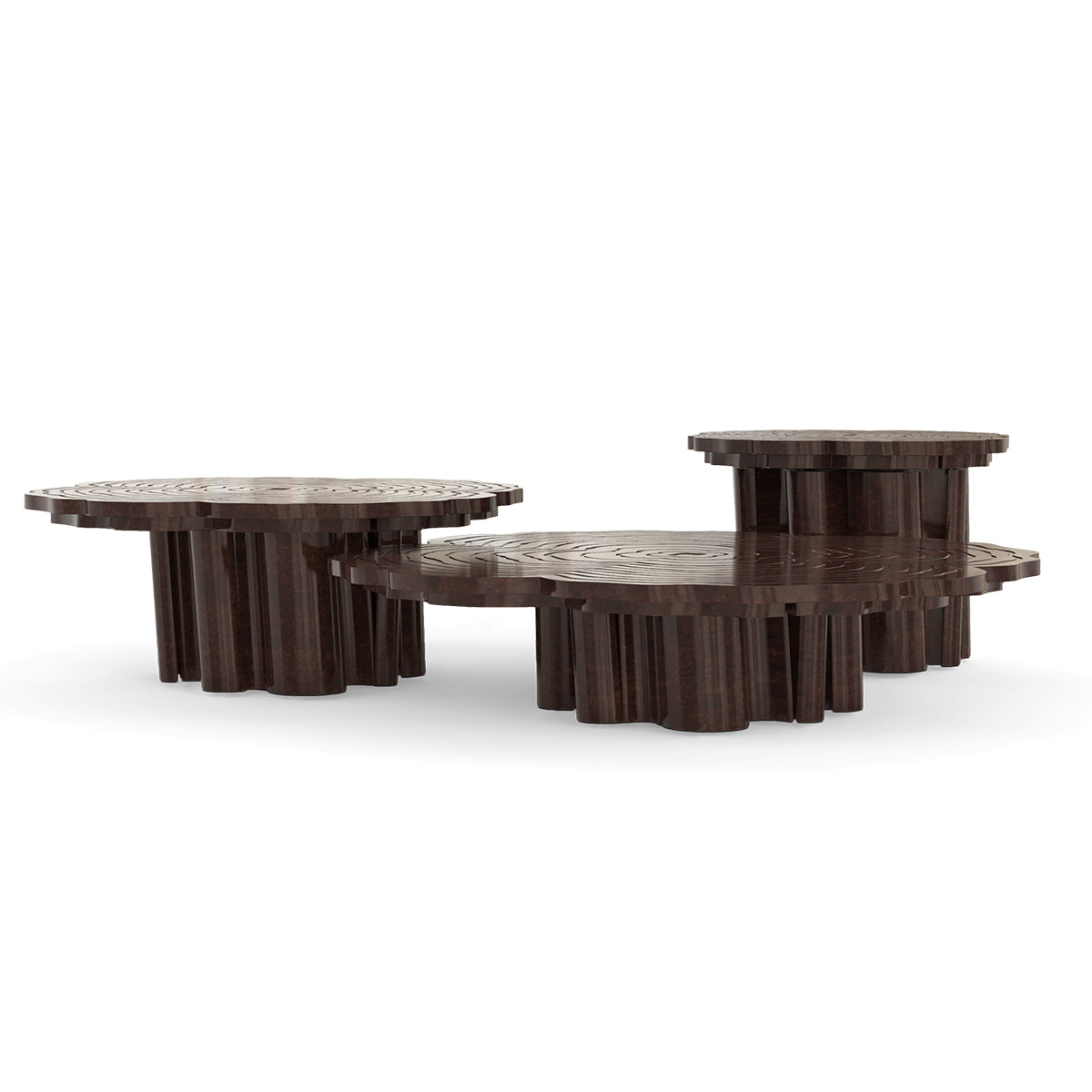 Luxury Patina Brass Coffee Table Set with Round Tiered Tops & Statement Design Center Tea Table