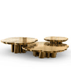 Luxury Patina Brass Coffee Table Set with Round Tiered Tops & Statement Design Center Tea Table