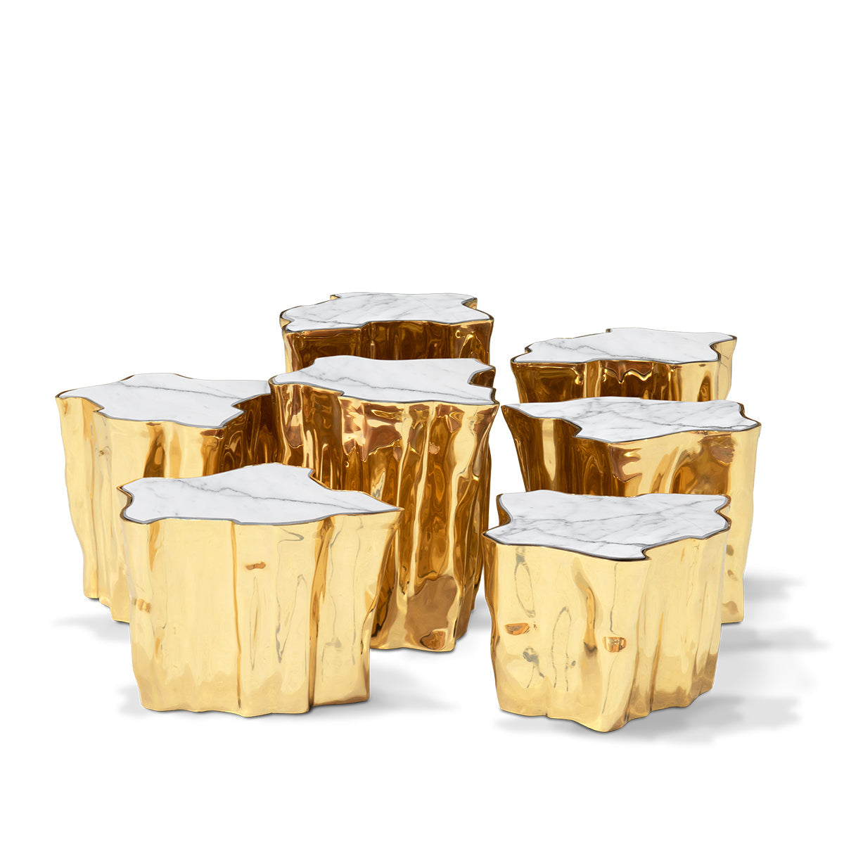 Luxury White Coffee Table with Sculptural Gold Base & Organic Modern Design Center Tea Table