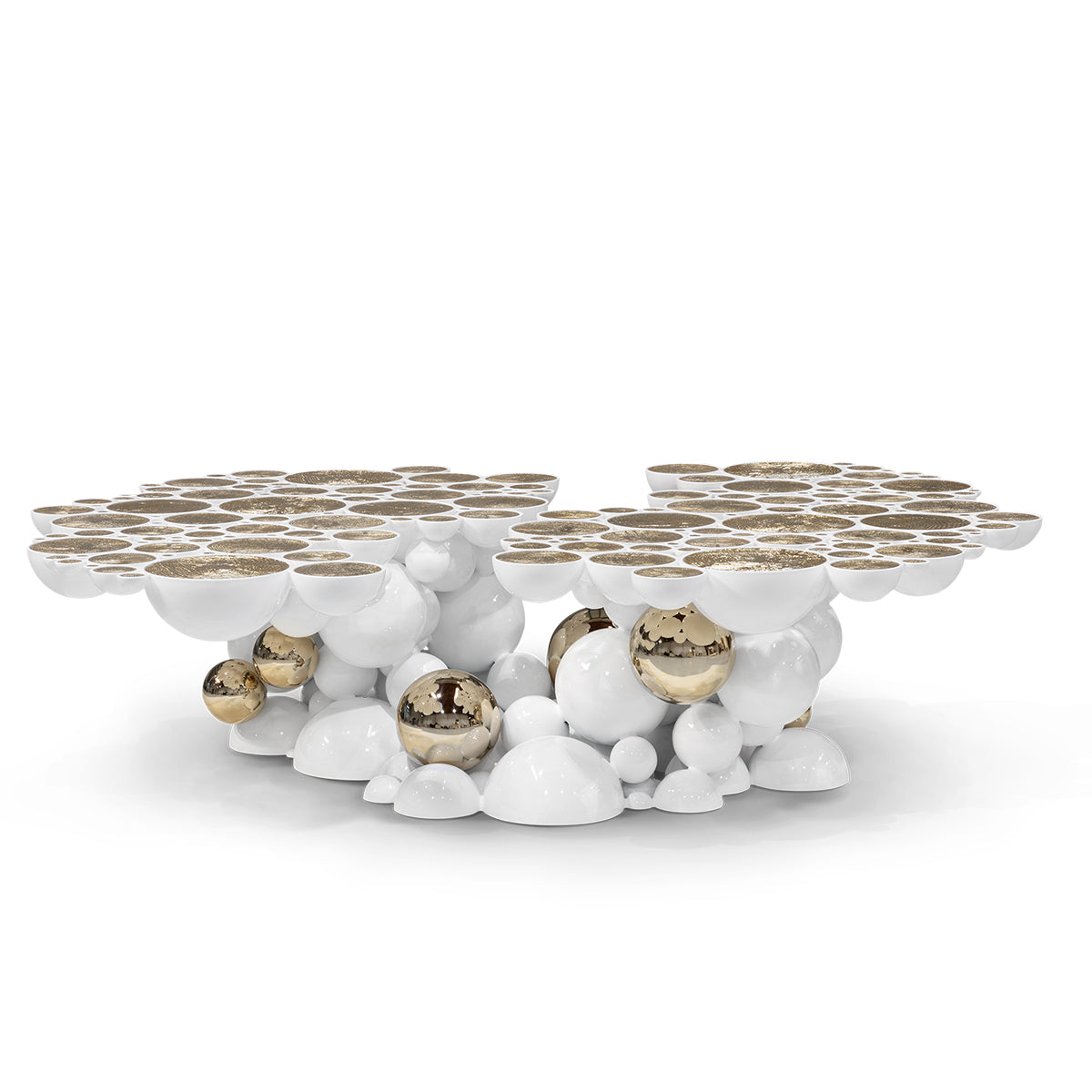 Luxury Sculptural Coffee Table with Gold Sphere Base & Black Glass Top Center Tea Table