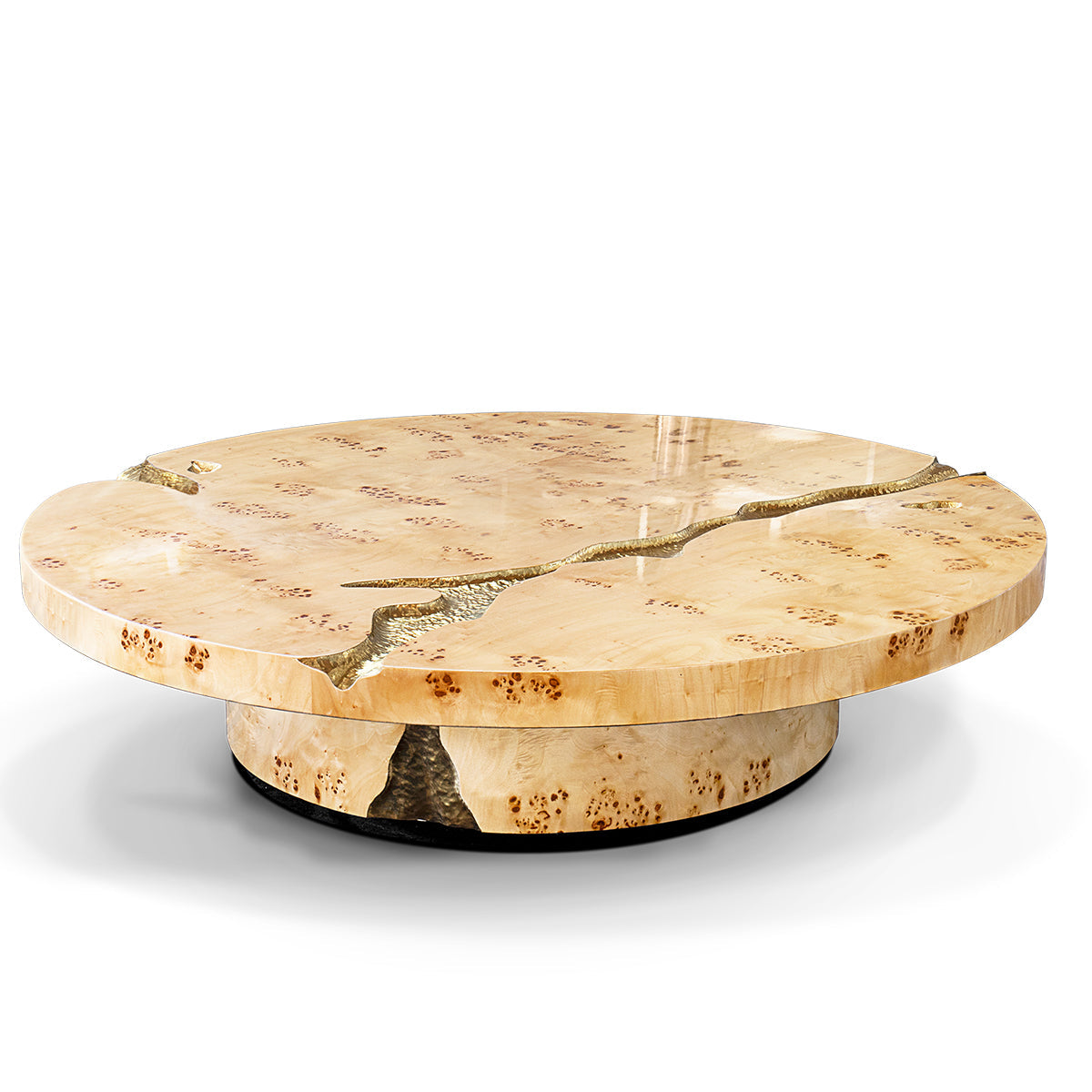 Luxury Gold Coffee Table with Round Glass Top & Sculptural Brass Base Center Tea Table