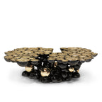 Luxury Sculptural Coffee Table with Gold Sphere Base & Black Glass Top Center Tea Table