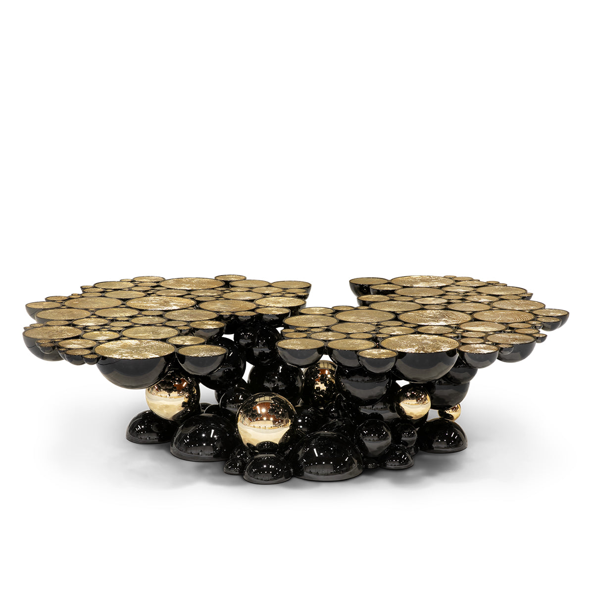 Luxury Sculptural Coffee Table with Gold Sphere Base & Black Glass Top Center Tea Table