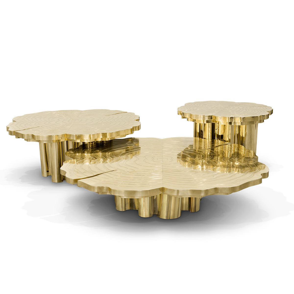 Luxury Patina Brass Coffee Table Set with Round Tiered Tops & Statement Design Center Tea Table