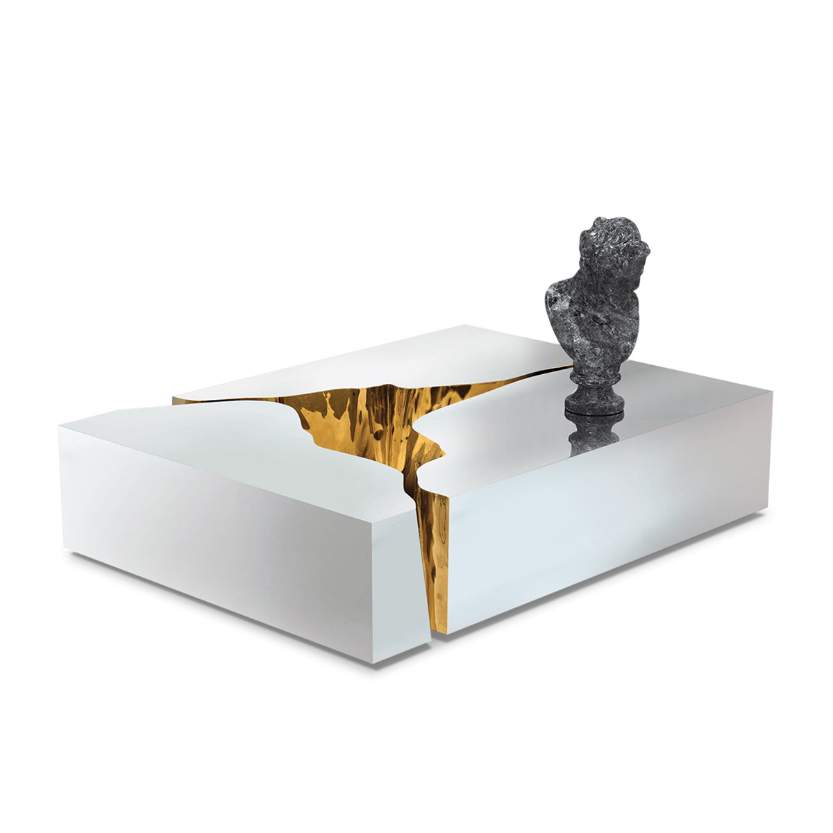 Luxury Coffee Table with Cracked Brass Sculptural Base & Smoked Glass Top Center Tea Table