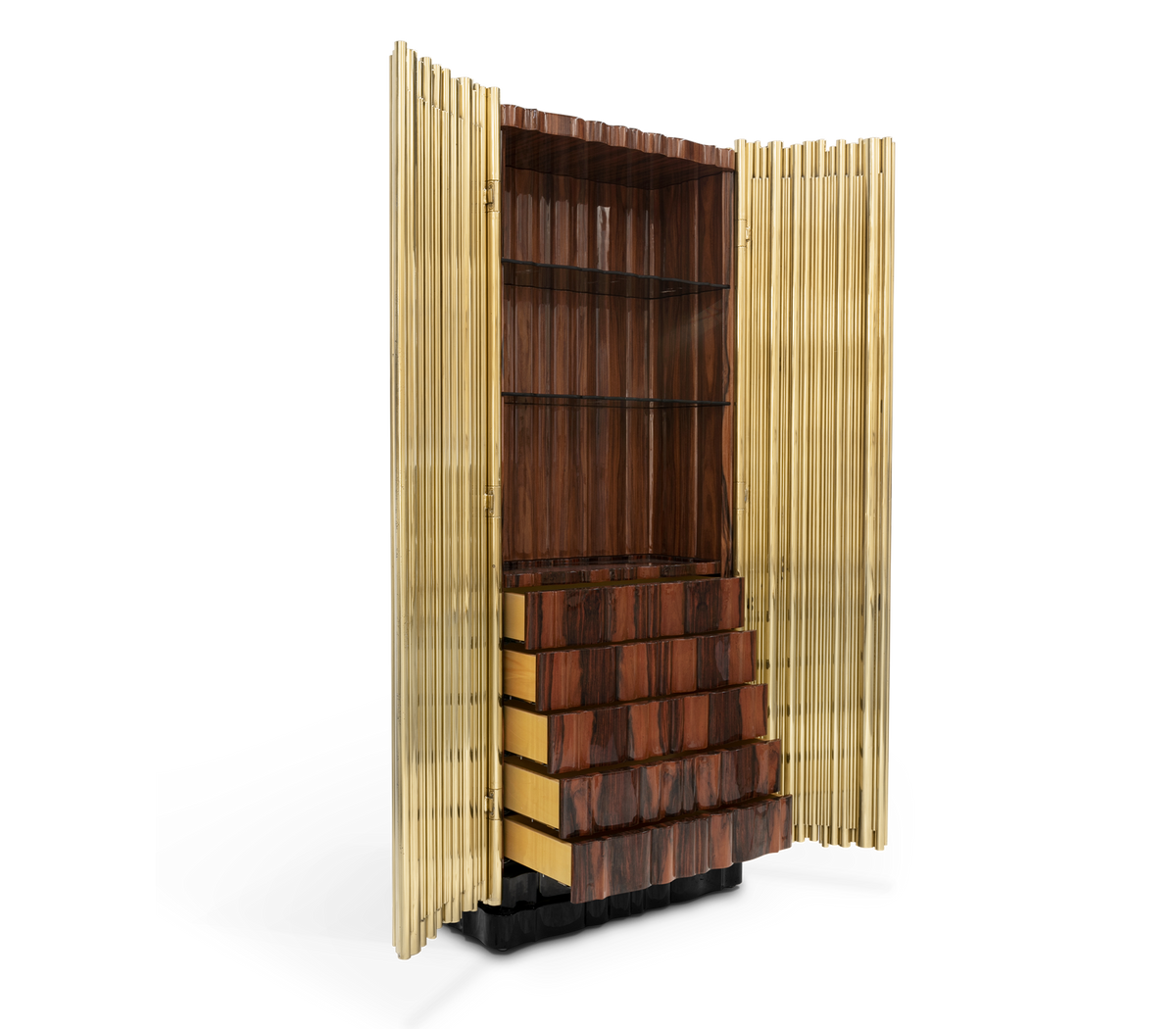 Luxury Curio Cabinet with Brass Tube Design, Glass Shelves & Hidden Storage