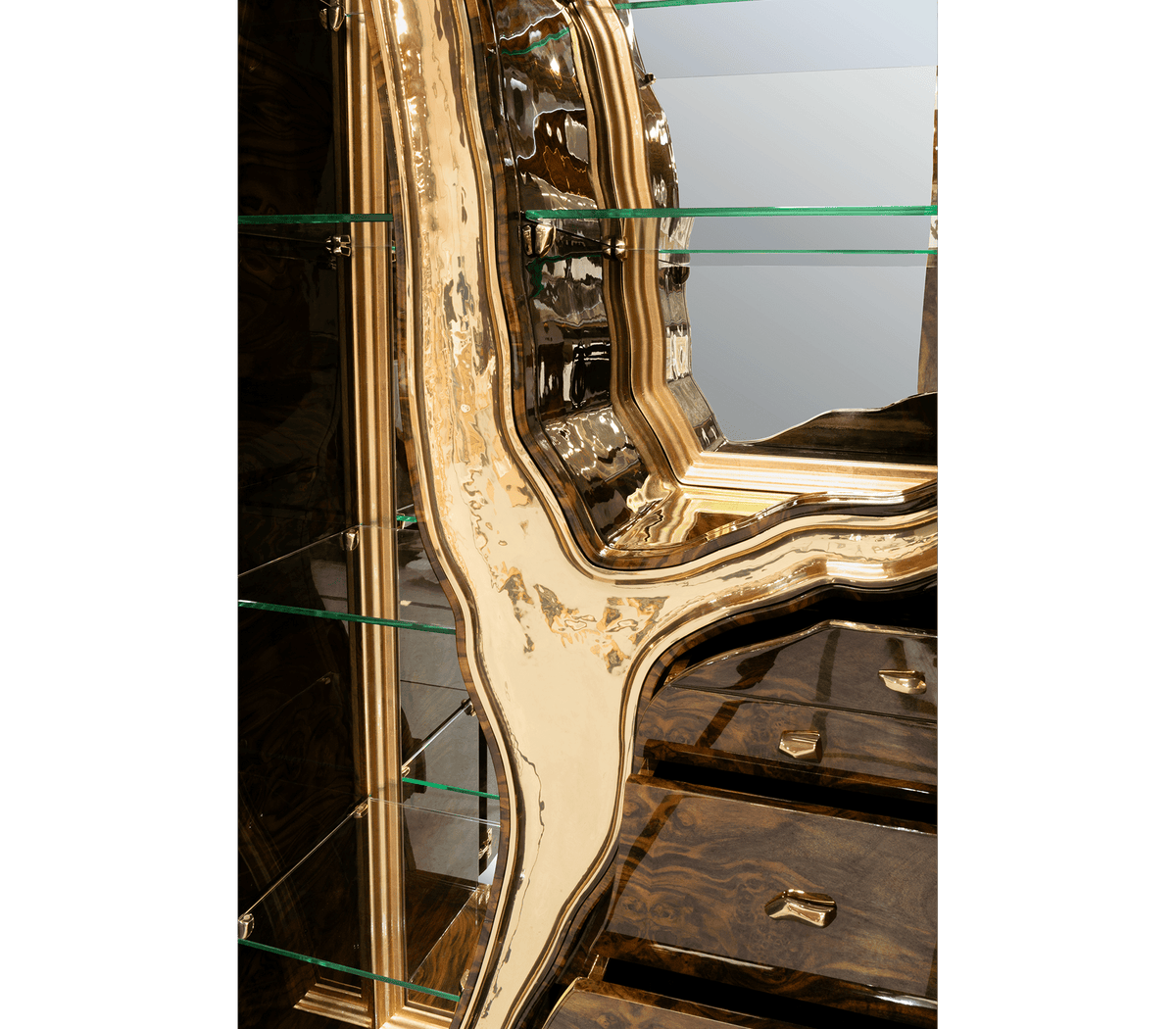 Luxury Walnut Display Cabinet with Sculptural Brass Accents & Hidden Storage