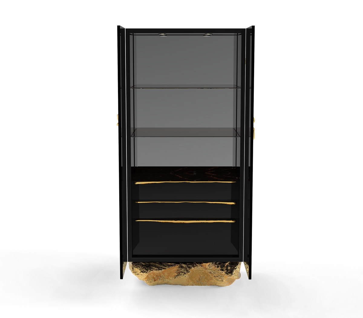Luxury Marble Curio Cabinet with Brass Base, Glass Display Shelves & Hidden Storage