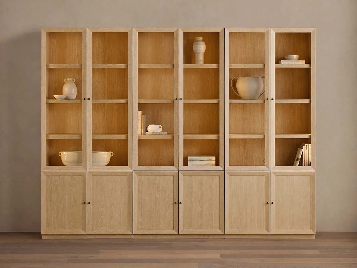 Nason Modular Glass Display Cabinets Oak Wood Tall Cabinets Large Bookcase with Integrated LED Lighting Modern Minimalist Style