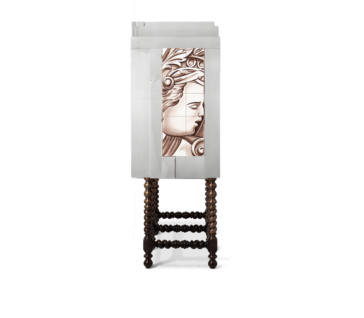 Luxury Hand-Painted Tile Cabinet with Mirrored Details & Collector Storage