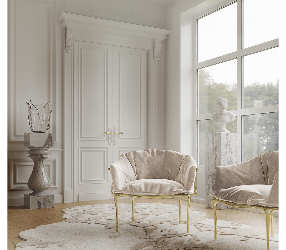 Luxury Surrealist Armchair with Gold-Plated Brass Frame, Velvet Seat & Sculptural Design