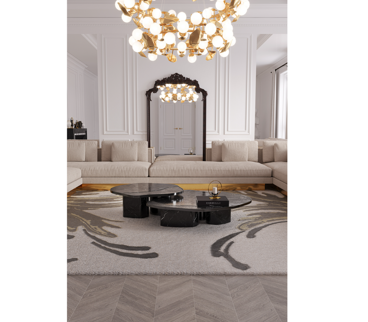 Luxury Calacatta Marble Coffee Table with Black Sculptural Base & Modern Design Center Tea Table