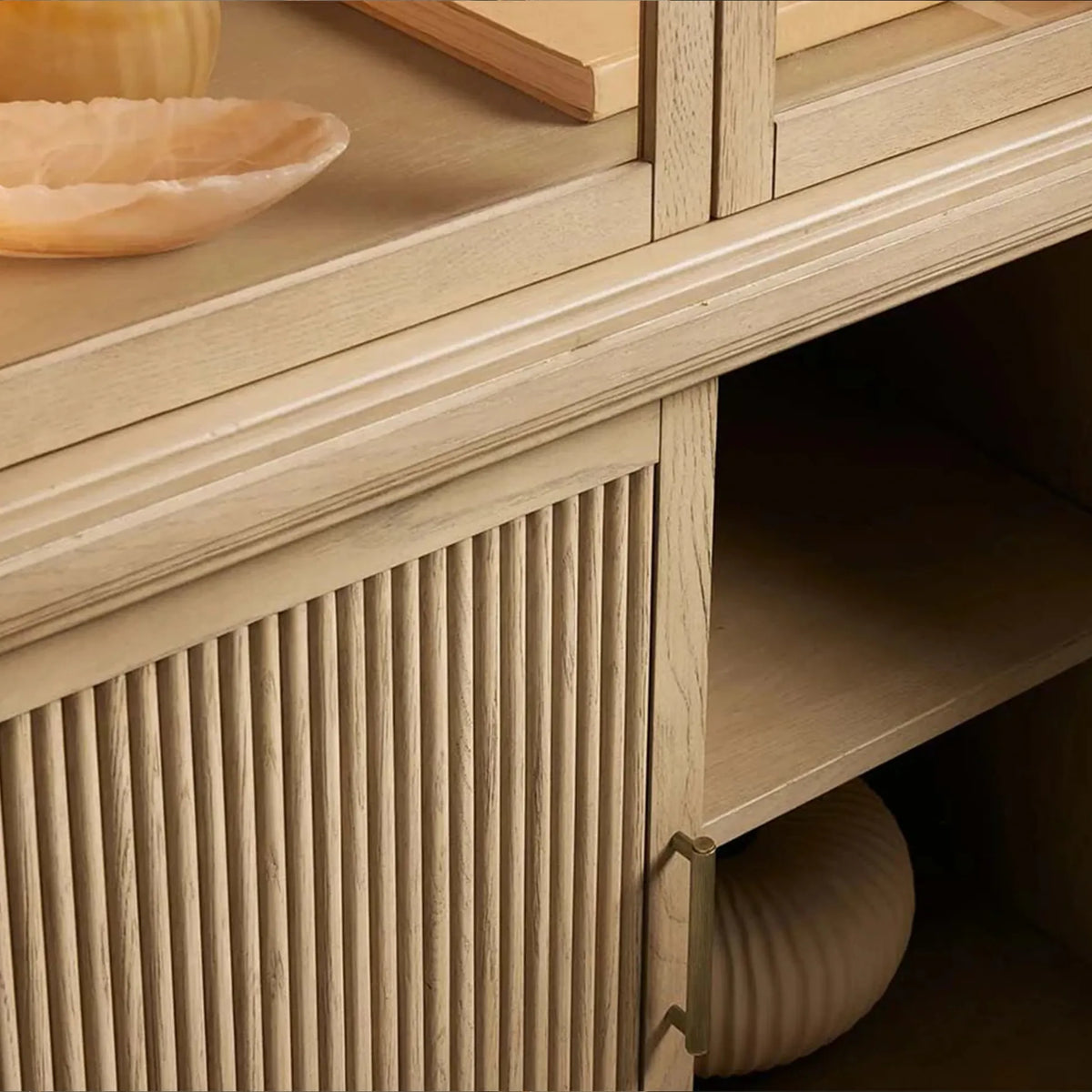 Coventry Reeded Detailing Glass Tall Display Cabinets White Oak Sideboard Dining Room Side Cabinet with LED Lighting