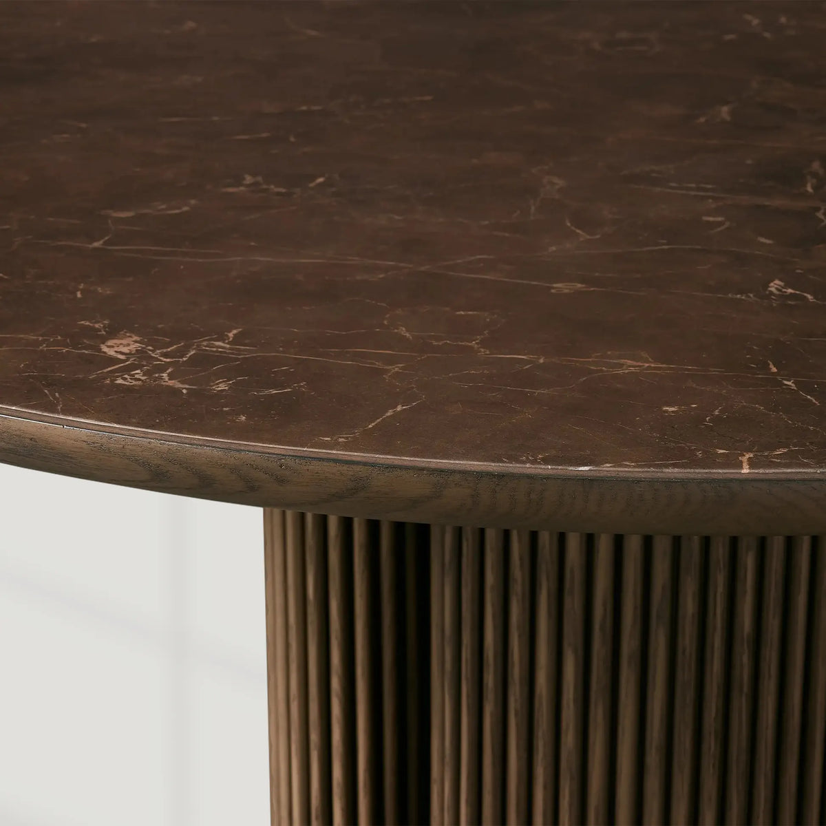 Astor Round Dining Table with Marble Top Oak Wood Base Solid Oak Slats