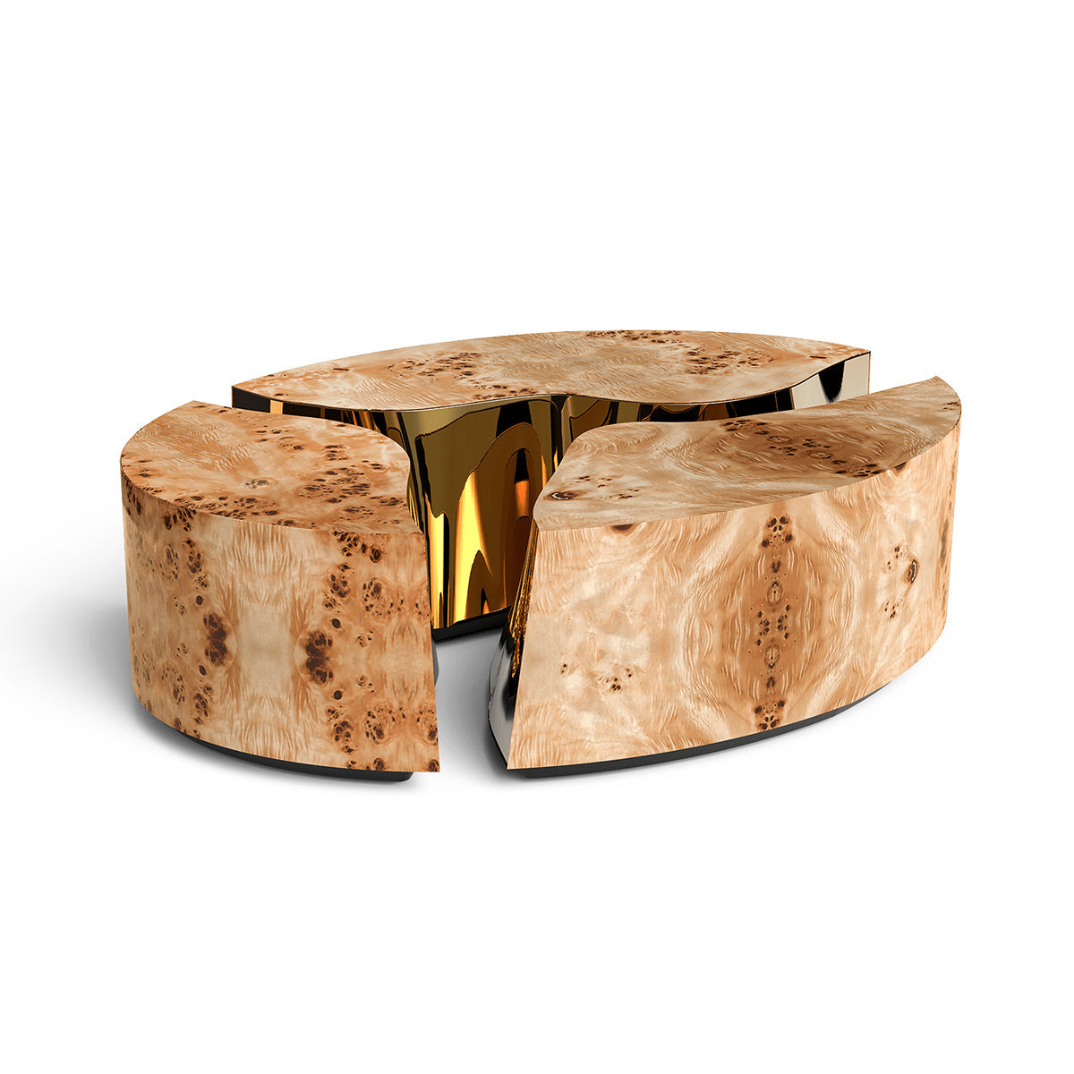 Luxury Oval Coffee Table with Sculptural Brass Accents & High Gloss Finish Center Tea Table