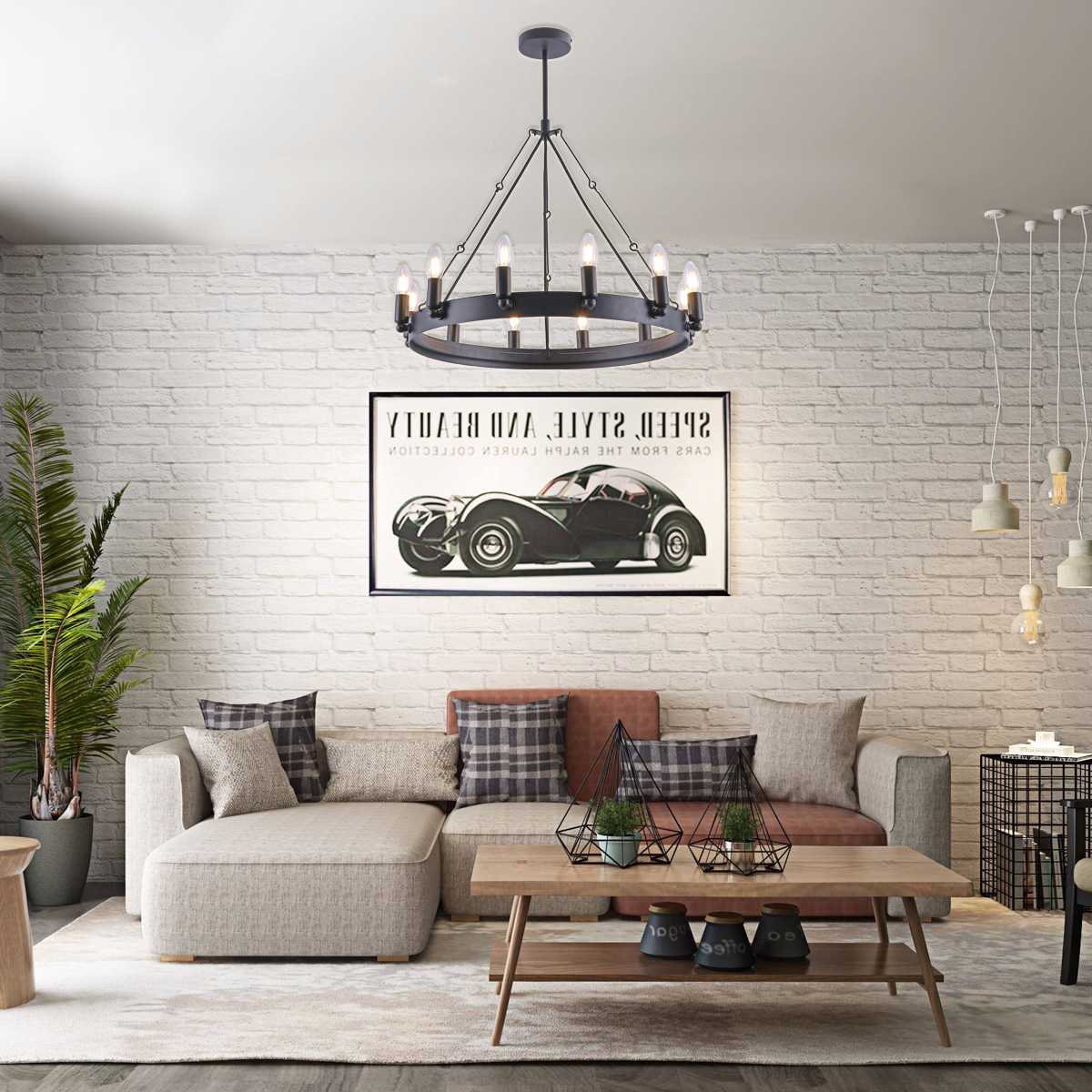 Lustre rustique à huit lumières en fer forgé noir (65 x 65 x 50 cm) avec chaîne de suspension de 100 cm – Luminaire de style ferme vintage