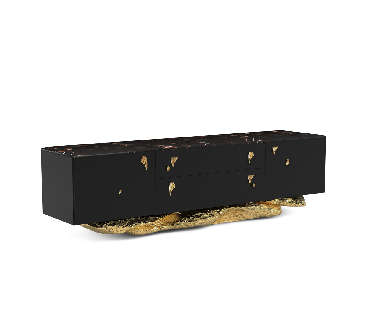 Luxury Black Gold Media Console with Marble Top & Hidden Storage