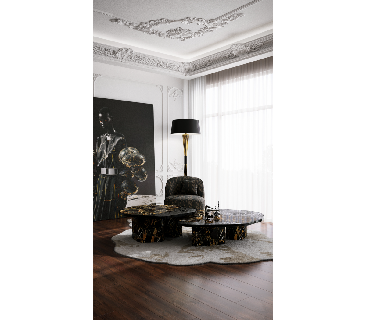 Luxury Calacatta Marble Coffee Table with Black Sculptural Base & Modern Design Center Tea Table