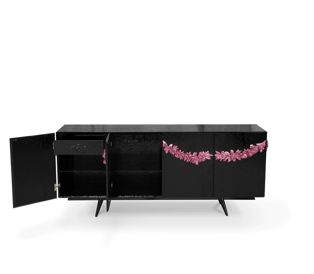Luxury Black Sideboard Buffet Cabinet with Floral Carved Details & Storage