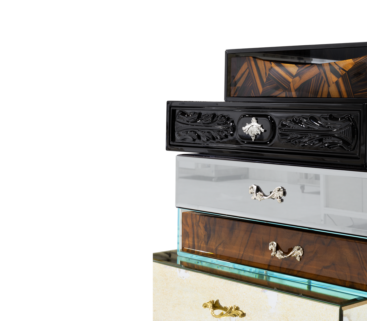 Luxury Chest of Drawers with Mixed Wood Finishes, Brass Details & Designer Storage