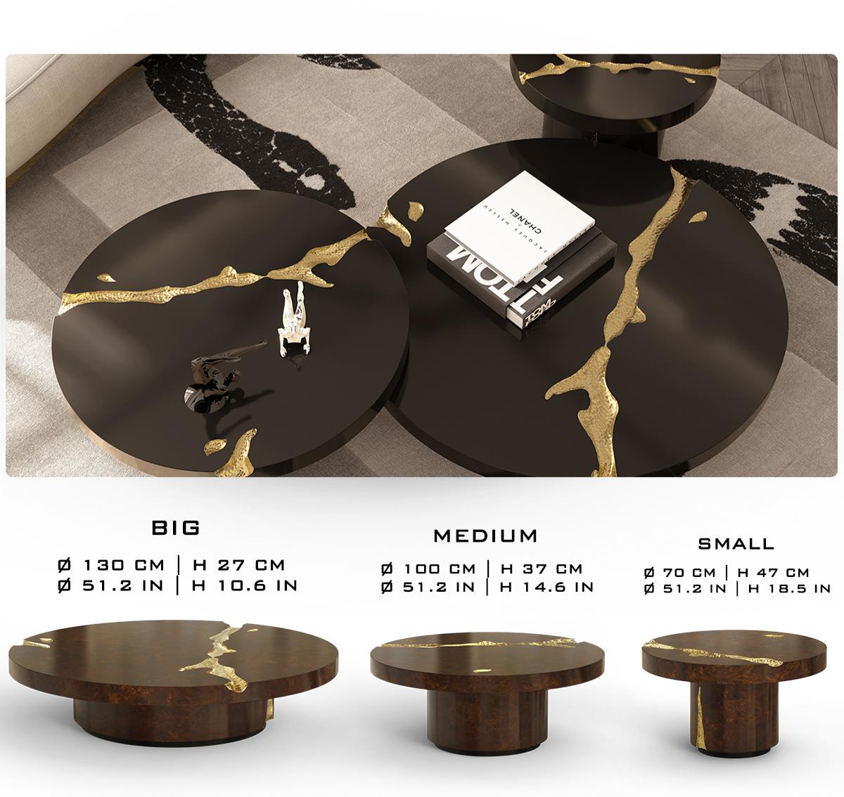 Luxury Gold Coffee Table with Round Glass Top & Sculptural Brass Base Center Tea Table