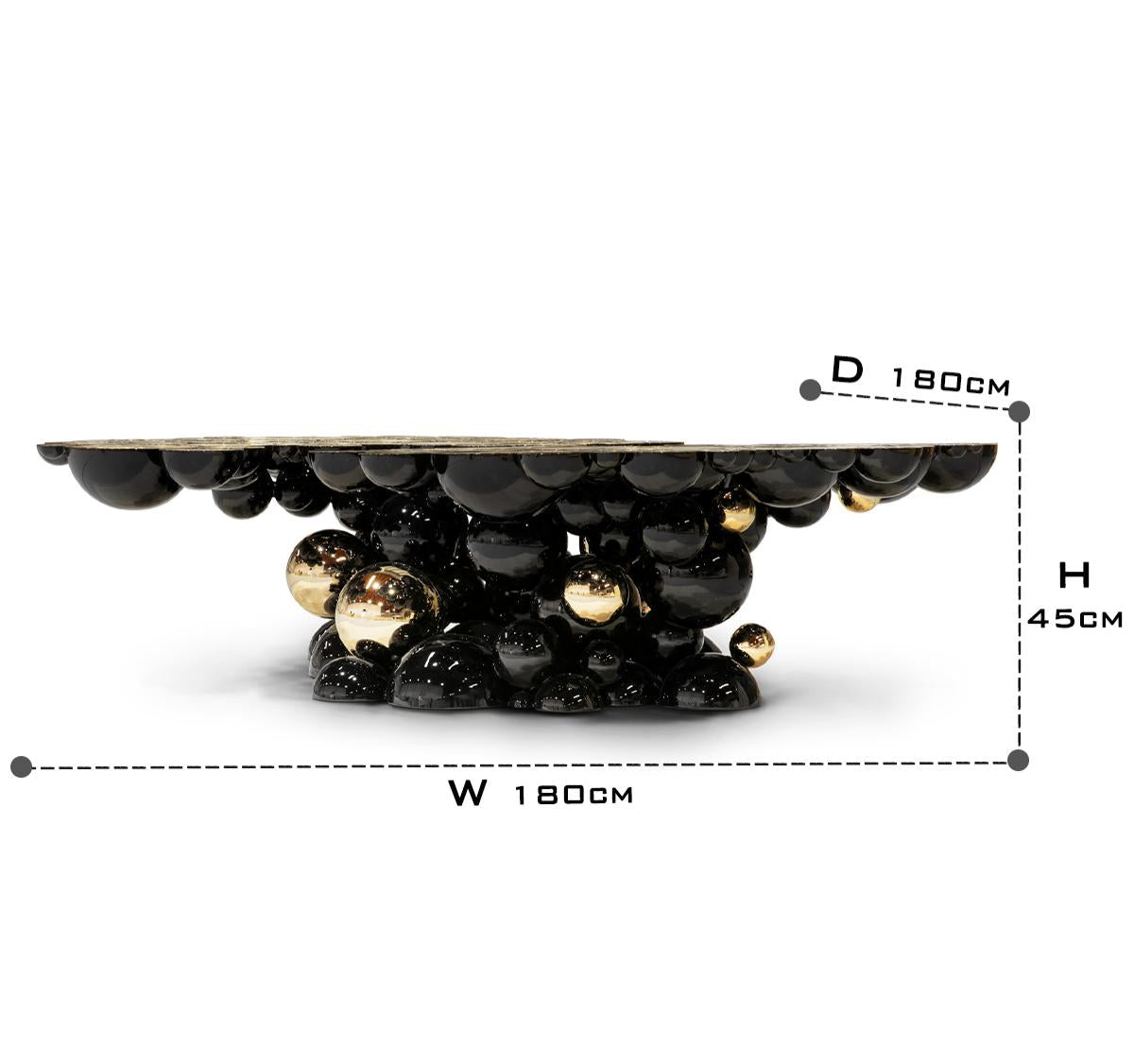 Luxury Sculptural Coffee Table with Gold Sphere Base & Black Glass Top Center Tea Table