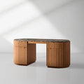 Commode Raliton en bois à deux tiroirs, bureau Emperador avec plateau en marbre et piètement en chêne