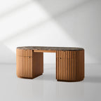 Commode Raliton en bois à deux tiroirs, bureau Emperador avec plateau en marbre et piètement en chêne