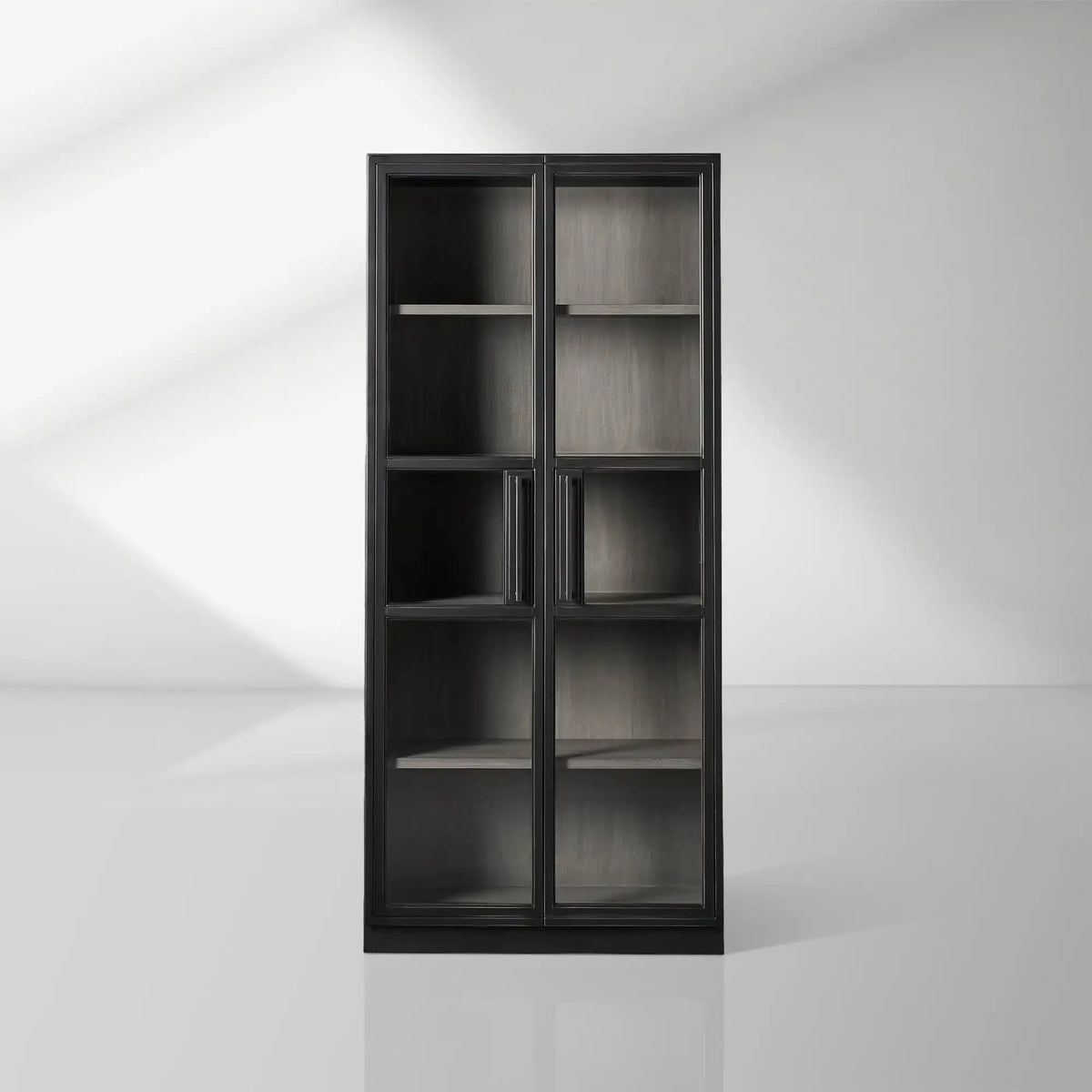 French Vintage Factory Tall Display Cabinet with Tempered Glass Doors Wood Living Side Cabinet Bookcase