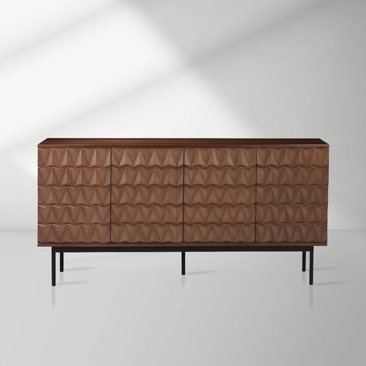 Arden 3D Textured Walnut Sideboard Buffet Cabinet Wood Living Room Storage Cabinet With Black Metal Legs