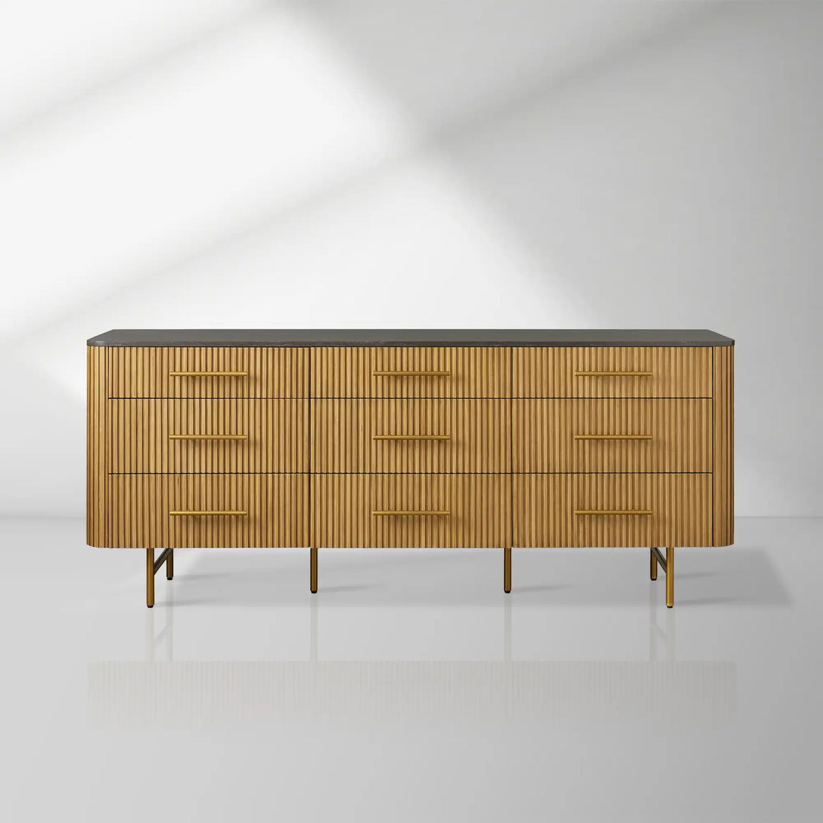Finnley Natural Marble Stone Top Nine-Drawer Dresser White Oak Wood Drawer Chest Cabinet