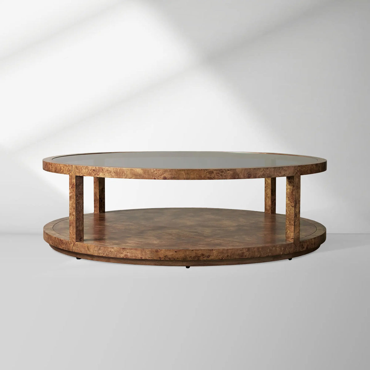 Corey Mappa Burl Round Coffee Table Glass Tabletop Cocktail Table Sofa Center Tea Table