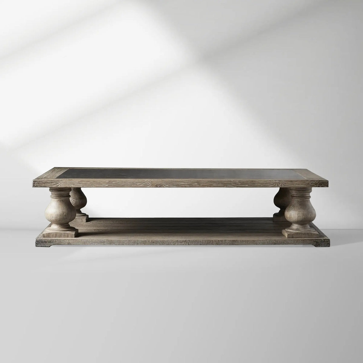 Table basse Hudson Pine avec bois de pin massif et incrustation de pierre bleue, table de centre de salon de style rétro, table de cocktail.