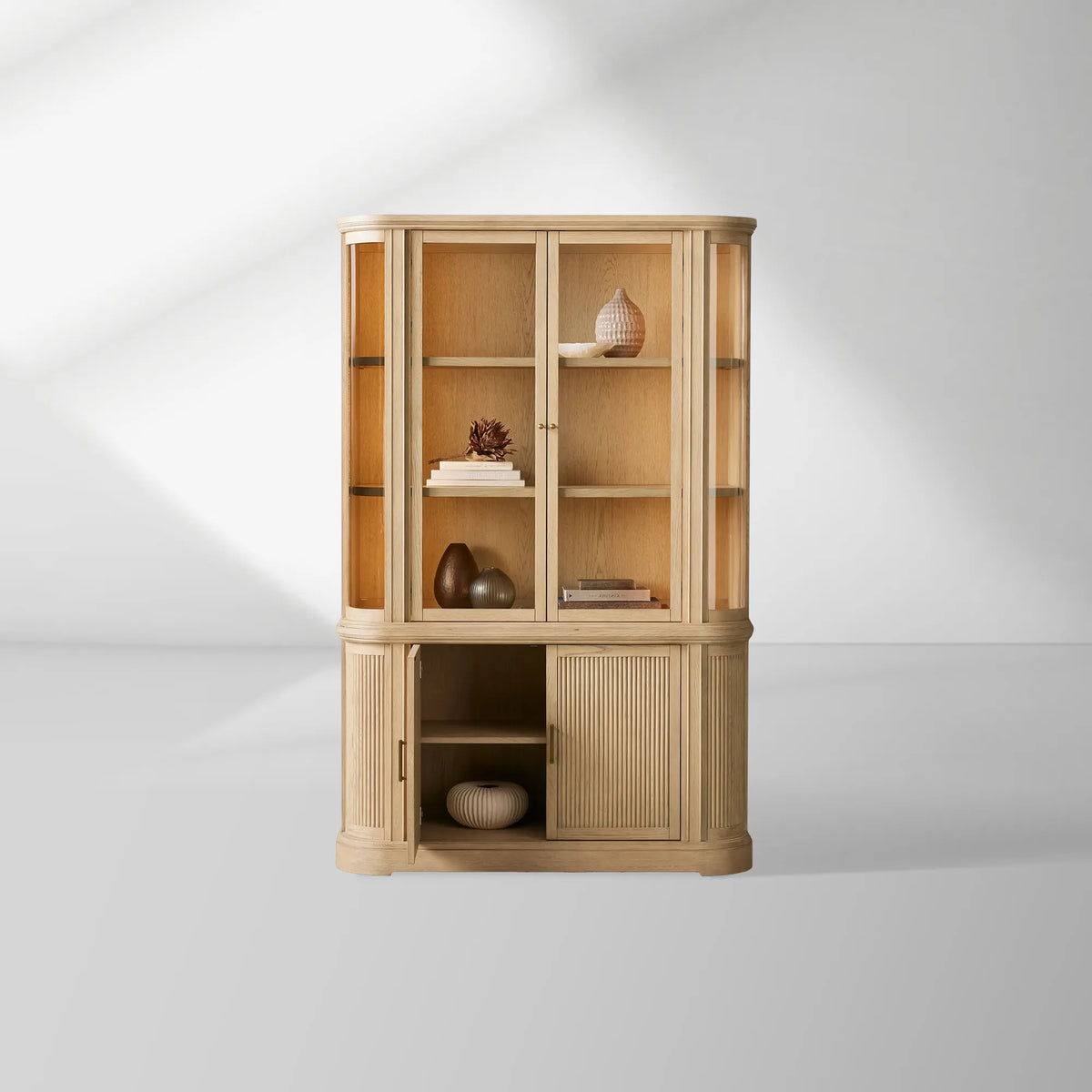 Coventry Reeded Detailing Glass Tall Display Cabinets White Oak Sideboard Dining Room Side Cabinet with LED Lighting