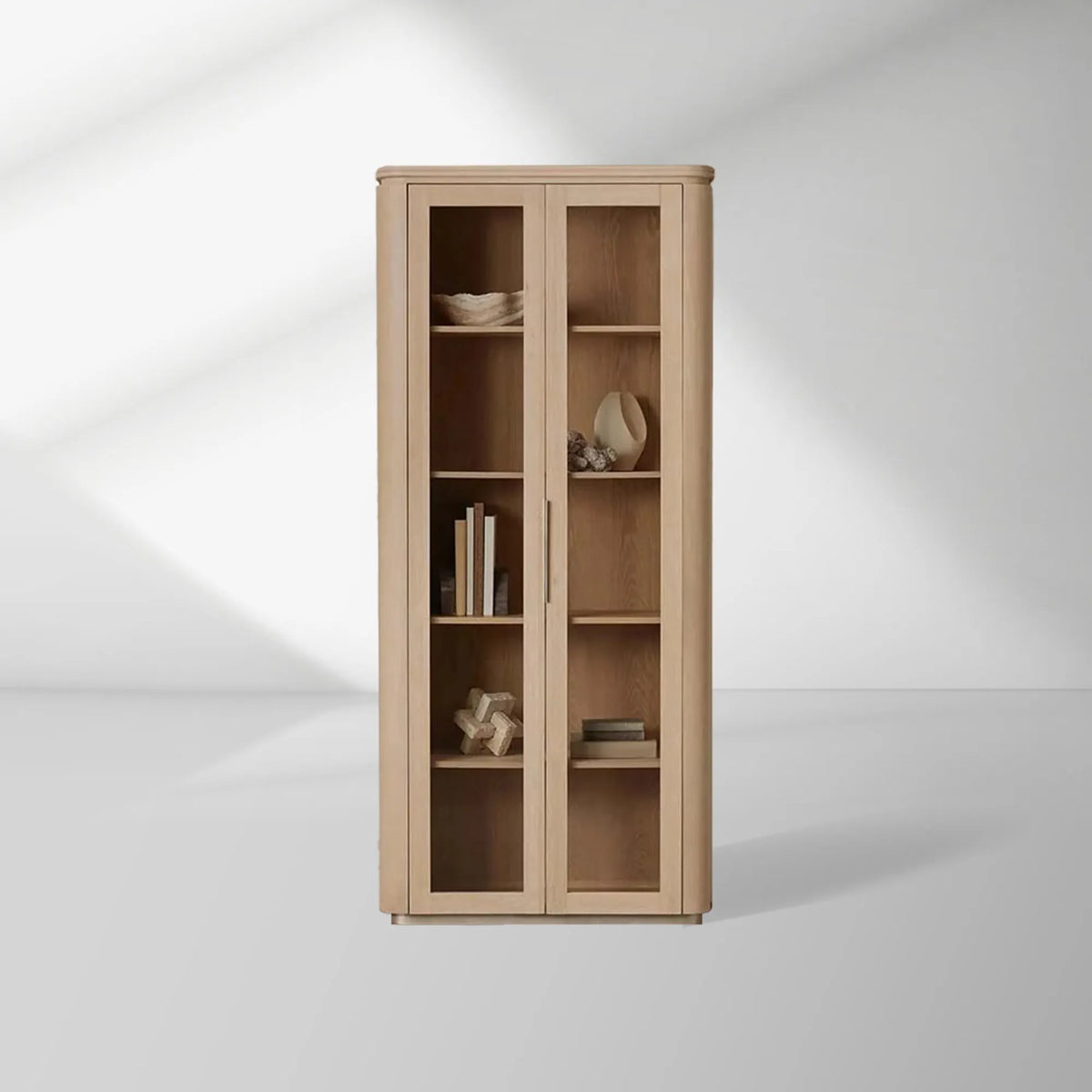 Caden Walnut Tall Display Cabinet Wood Curio Storage Cabinet Entryway Cabinet Glass Door Bookcase