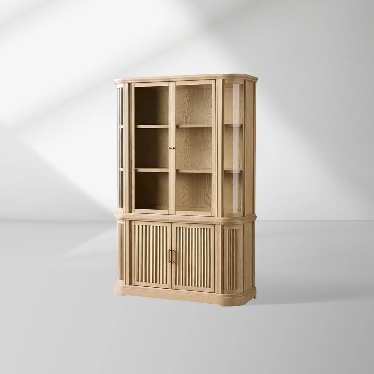 Coventry Reeded Detailing Glass Tall Display Cabinets White Oak Sideboard Dining Room Side Cabinet with LED Lighting