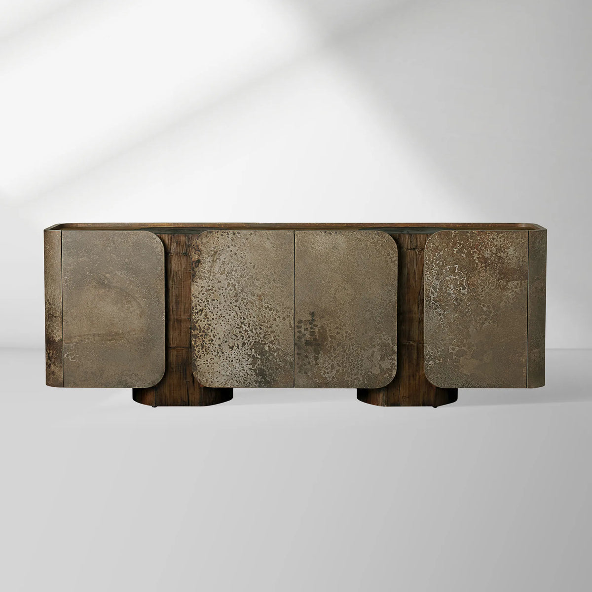 Alvaro Naturally Oxidized Aluminum Panels Buffet Sideboard Raw Wood Stumps Tabletop Entryways Cabinet